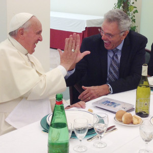 (RNS1-JULY 8) James Robison explains a "high five" to Pope Francis at the Vatican on June 24, 2014. During their meeting, they agreed all Catholics and Protestants need to come to know Jesus personally. For use with RNS-ROBISON-POPE transmitted July 8, 2014. RNS photo courtesy LIFE Outreach International